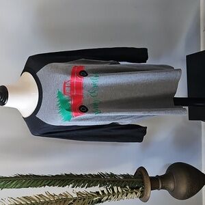 Gray and Black "Merry Christmas" Red Truck Raglan Tee
